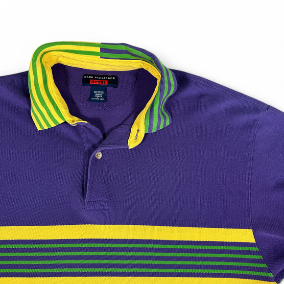 Vintage Mardi Gras Polo Shirt Adult MEDIUM Purple Stripe Mark Alexander 90s - Picture 2 of 9